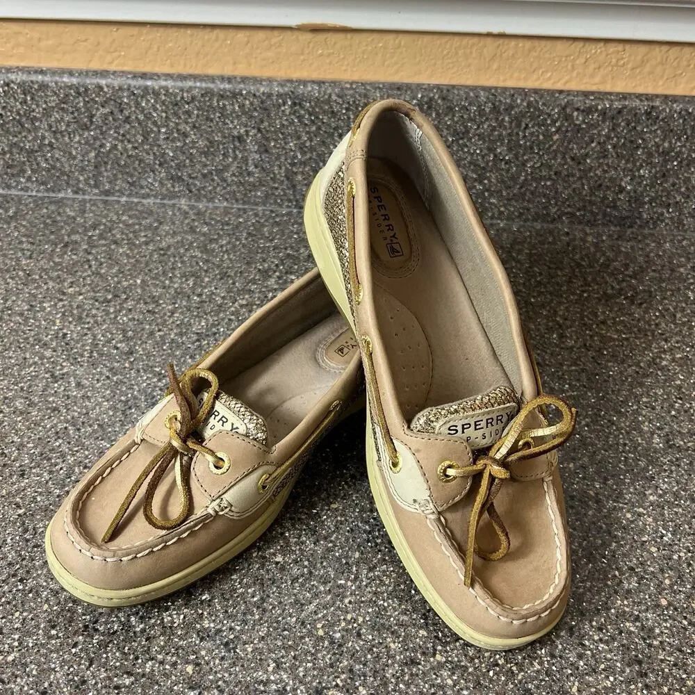 Sperry Top-Sider Gold/Beige Leather Women's 7.5M Loafer Glitter Bow Slip On Flat